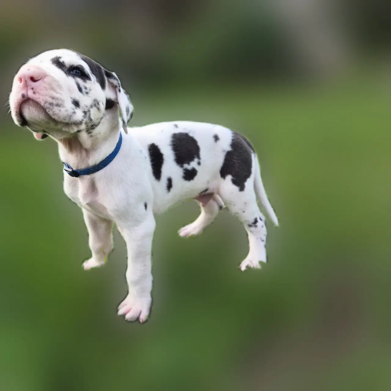 Fiji, a harlequin Great Dane puppy with a blue collar, standing in the grass
